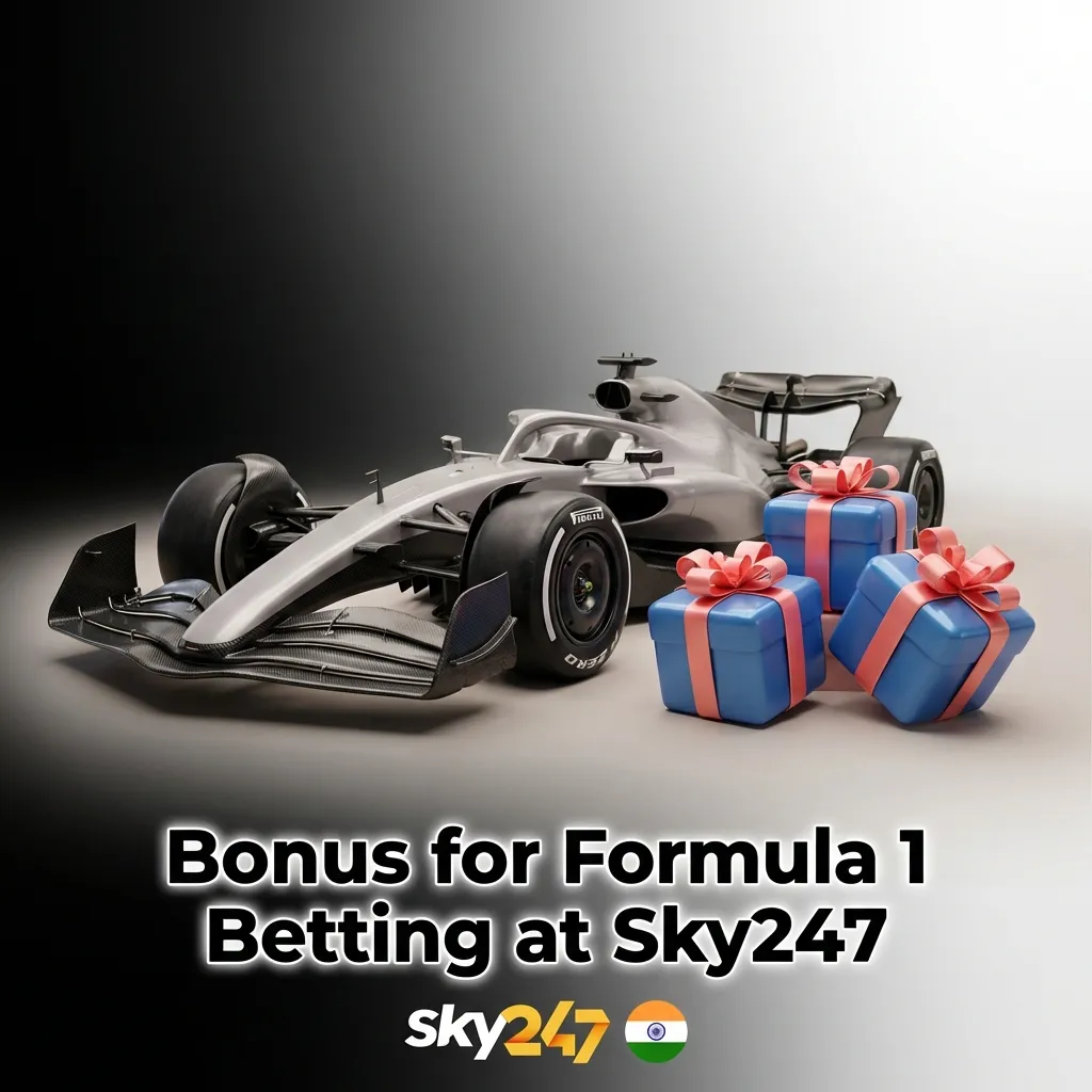Sky247 Formula 1 betting bonus showing 100% matched deposit up to ₹10,000 for new users with 5x rollover requirement