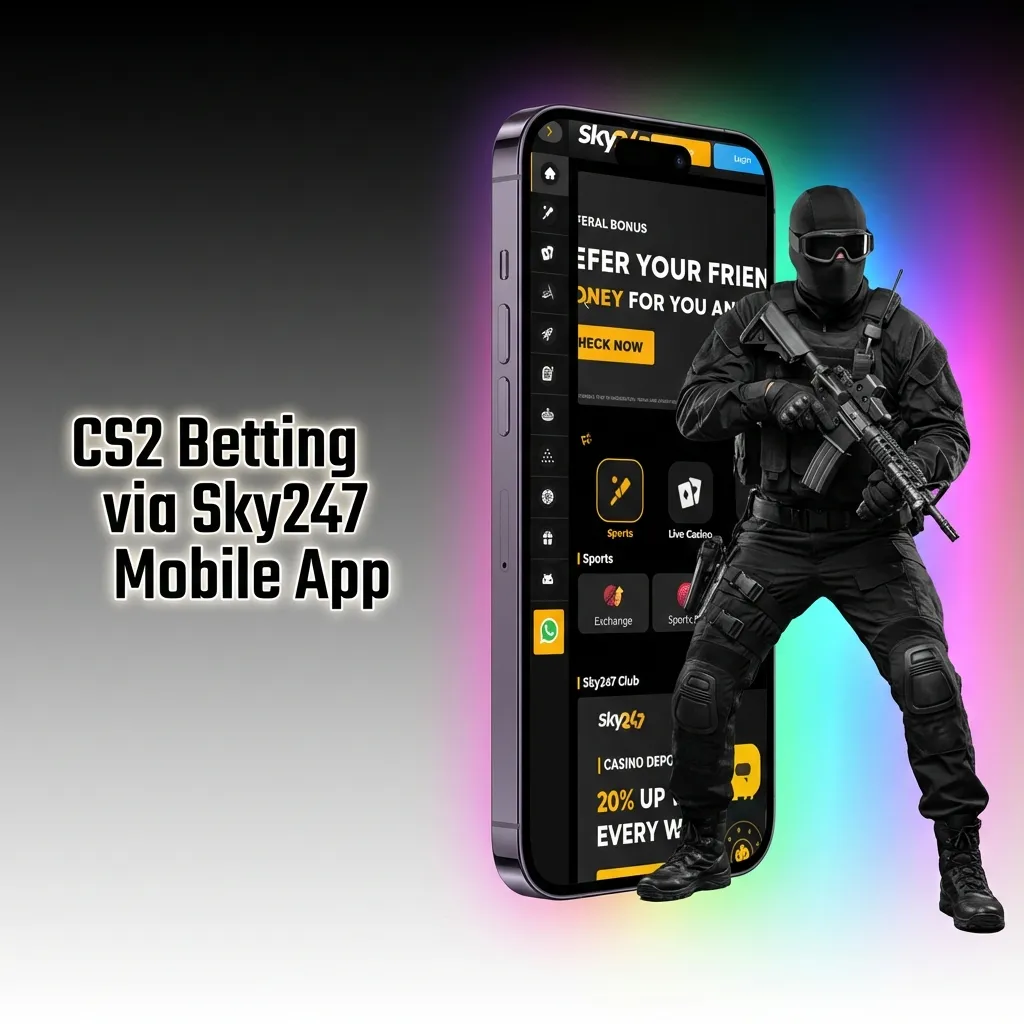 Sky247 mobile app interface showing CS2 esports betting options on smartphone screen
