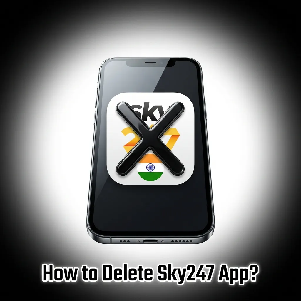 Smartphone screen showing Sky247 app uninstall process on Android and iOS devices
