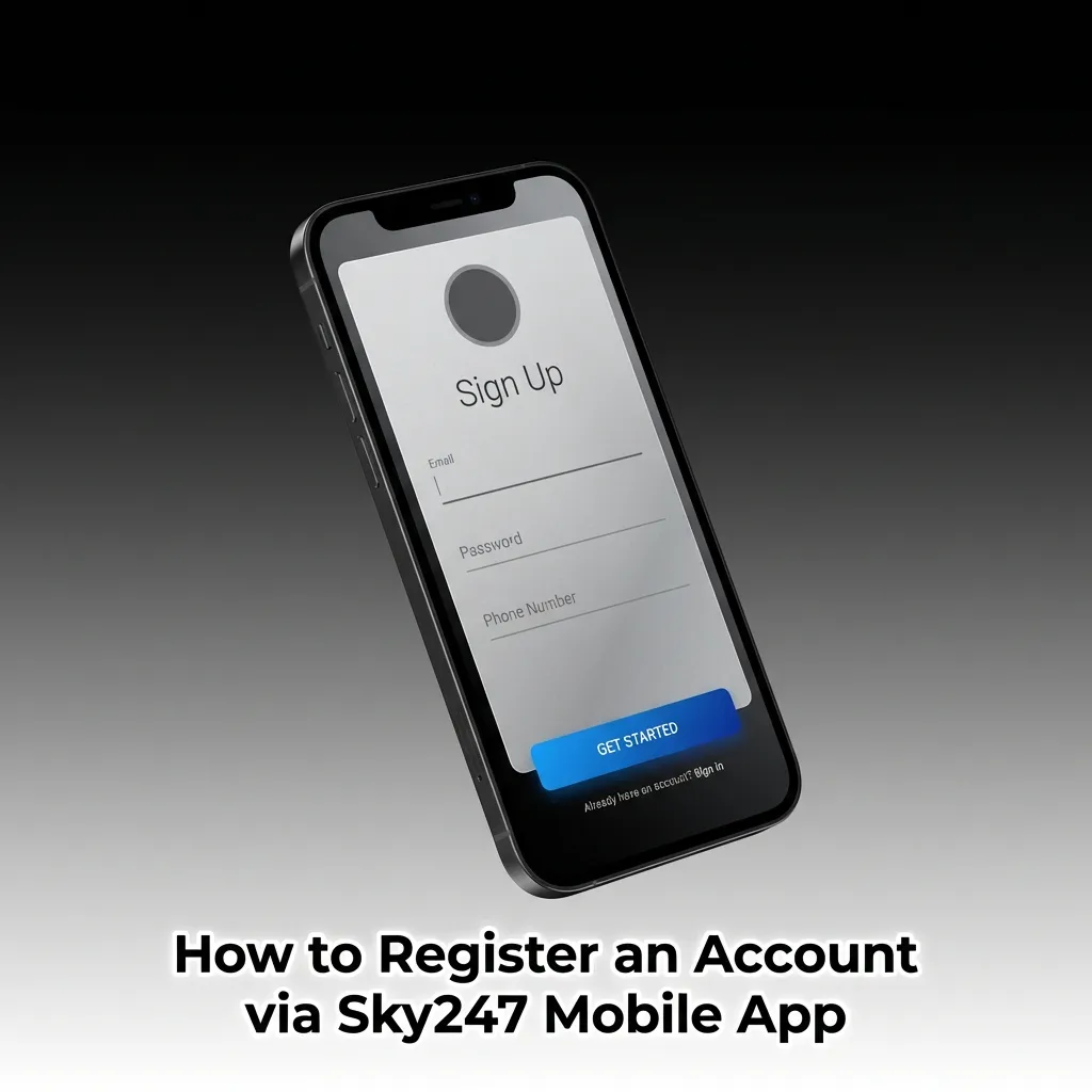 Sky247 mobile app registration screen showing sign-up form with fields for mobile number, email, and password
