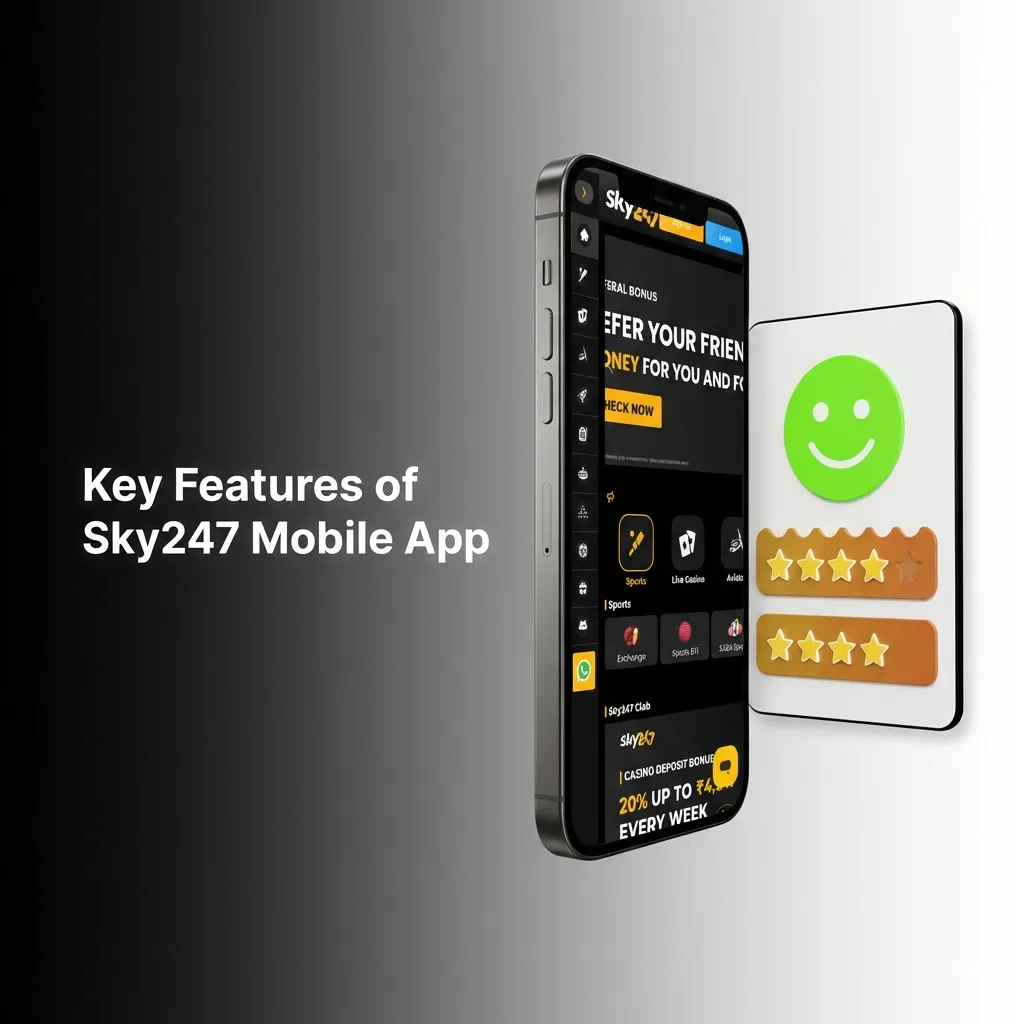 Sky247 mobile app interface showing betting options, payment methods, and casino games for Indian users