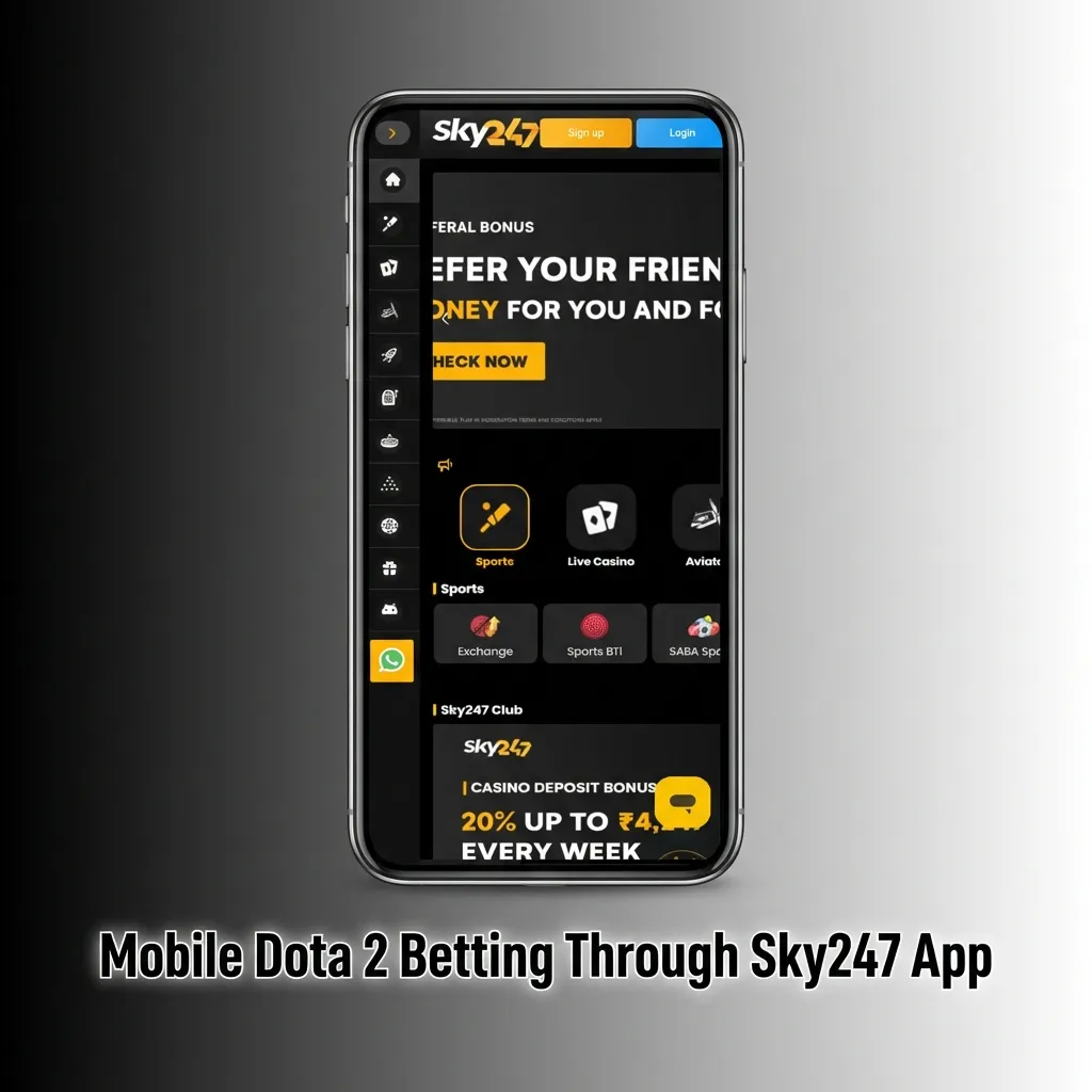 Sky247 mobile app interface showing Dota 2 betting options and live match statistics on smartphone screen