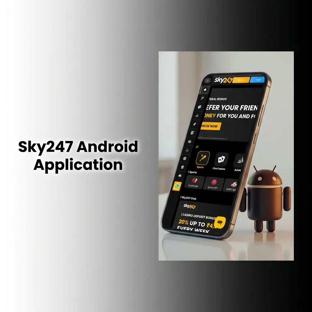 Sky247 Android app interface showing mobile betting and casino games on smartphone screen