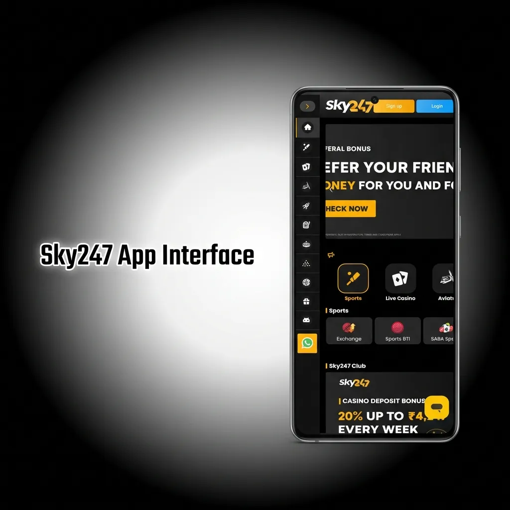 Sky247 app showing bottom navigation menu with sports betting, live betting, casino games, and promotions tabs