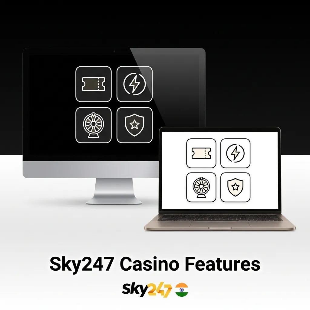 Sky247 Casino interface showing UPI deposits, multilingual support, mobile app, cryptocurrency options, and responsible gaming tools