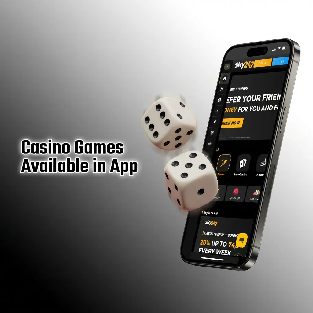 Sky247 app casino games including slots, live dealer tables, Aviator, Teen Patti, and roulette on mobile device