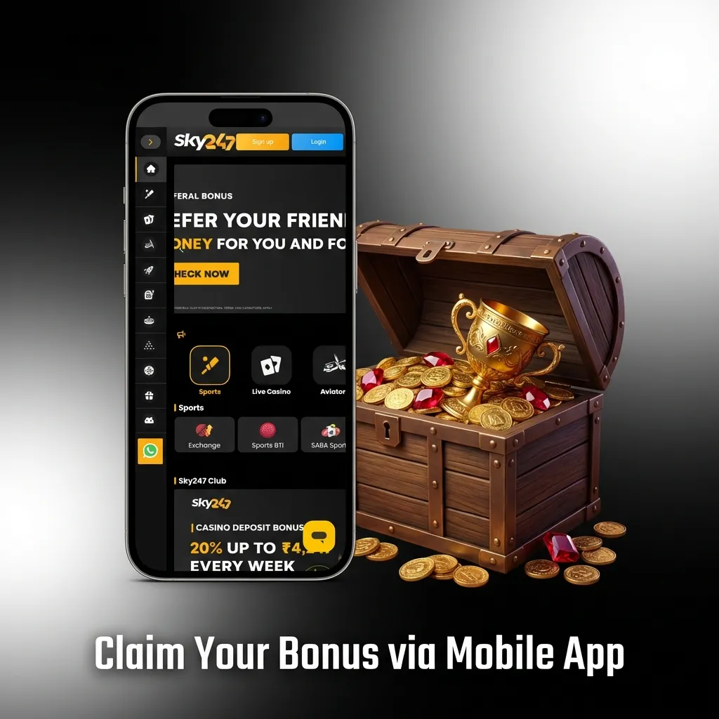 Sky247 mobile app interface showing bonus claim process with download, registration, and deposit steps