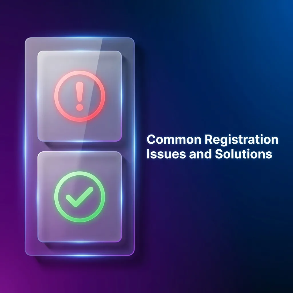 Troubleshooting guide showing common registration problems like OTP issues, email conflicts, and mobile number errors with solutions