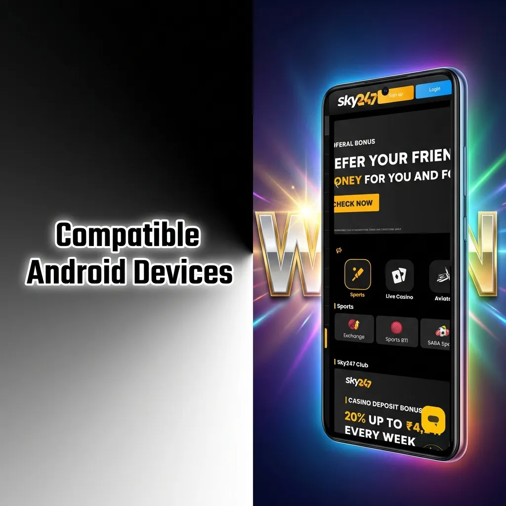 Sky247 app compatible with popular Android devices including Samsung Galaxy, Xiaomi Redmi, Realme, Vivo, Oppo, OnePlus, and Motorola