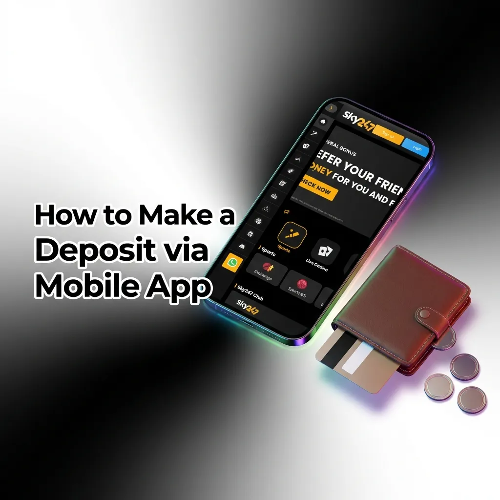 Mobile phone showing Sky247 app deposit screen with payment method options and transaction steps
