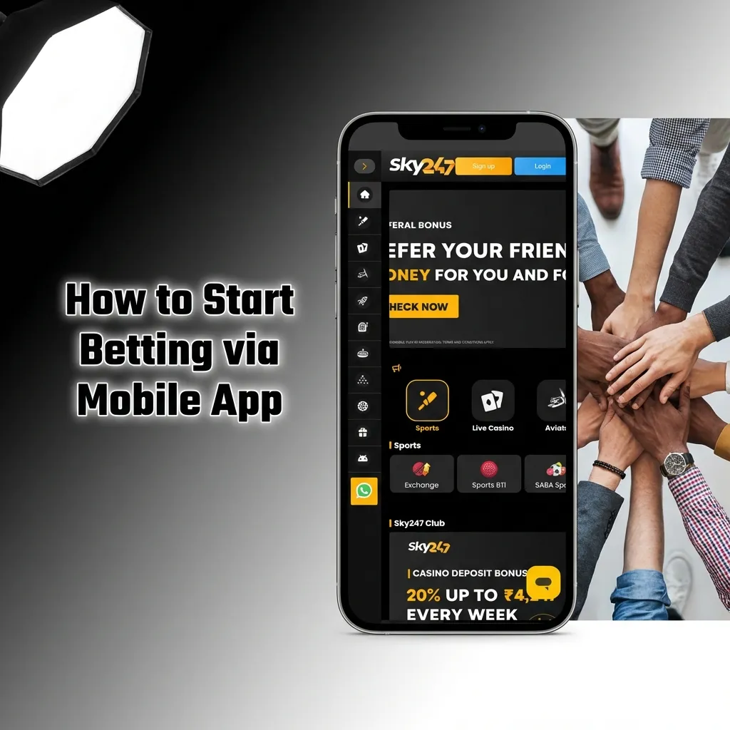 Mobile phone showing Sky247 betting app interface with sports selection, odds, stake entry, and place bet button