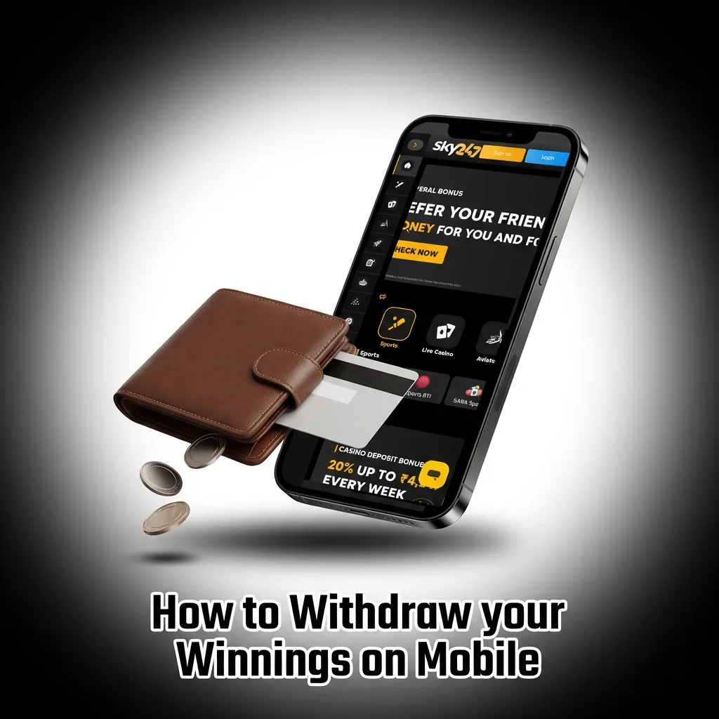 Sky247 mobile withdrawal process showing steps to cash out winnings from account through payment methods