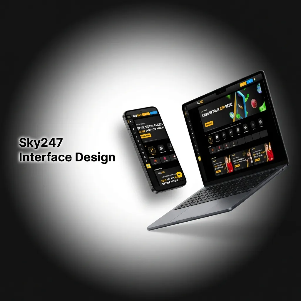Sky247 website showing clean navigation bar with Sports, Live Casino, Slots, Promotions sections for Indian players
