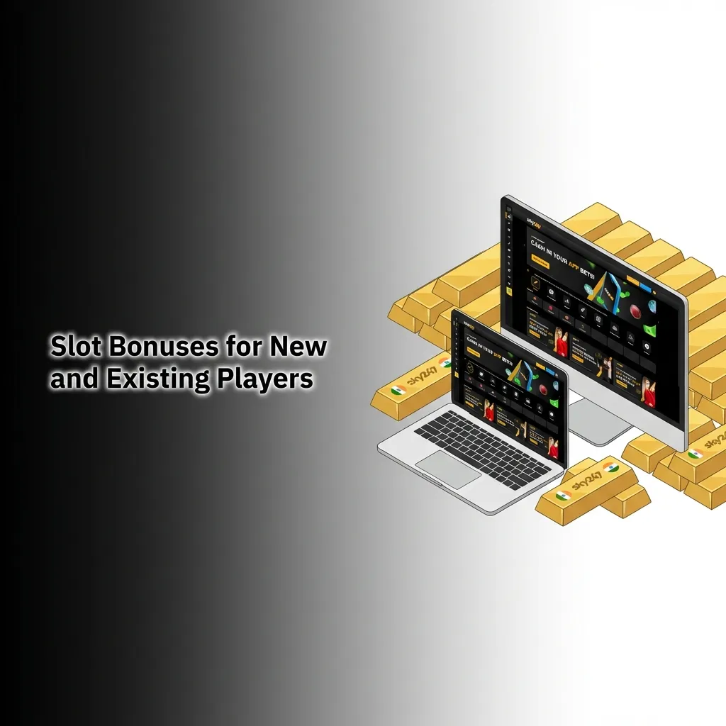 Colorful slot machine interface showing welcome bonus and promotional offers for new and existing casino players