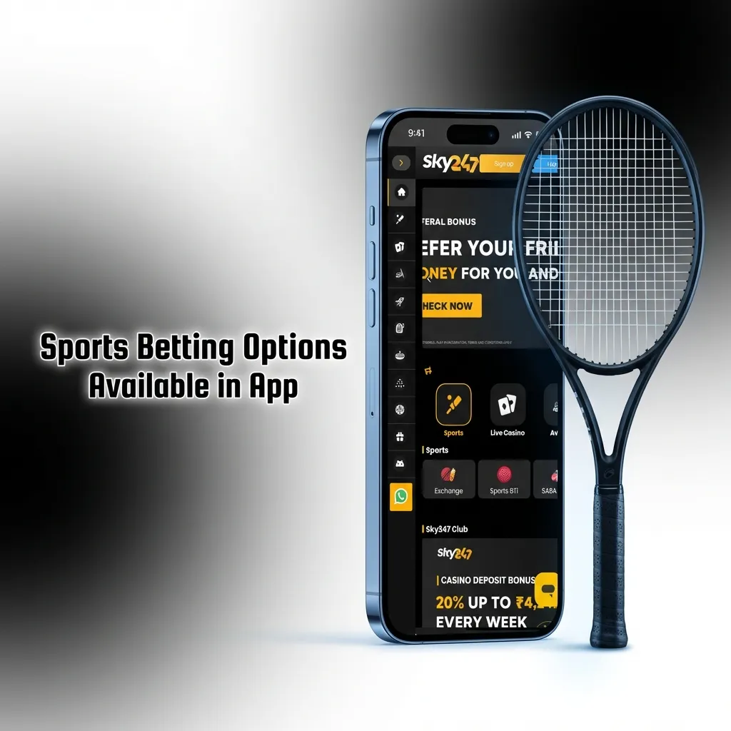 Sky247 app sports betting interface showing cricket, football, tennis, kabaddi, basketball and other sports options