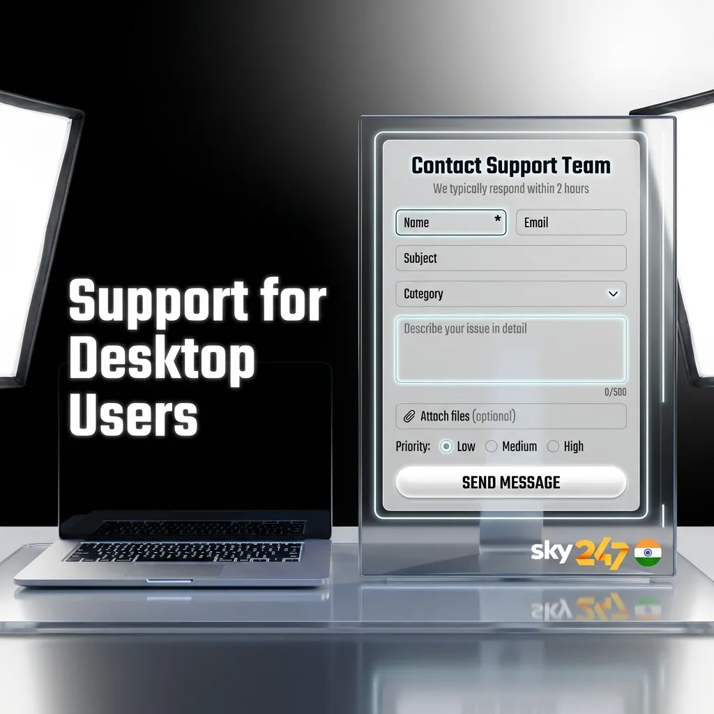 Sky247 desktop support options including 24/7 live chat, email, phone helpline, and social media channels