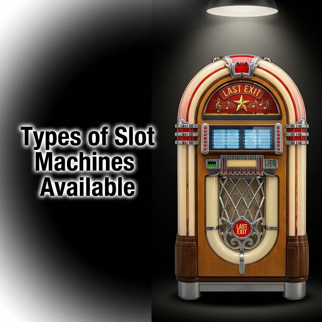 Colorful display of various slot machine types including classic, video, Megaways, and progressive jackpot formats