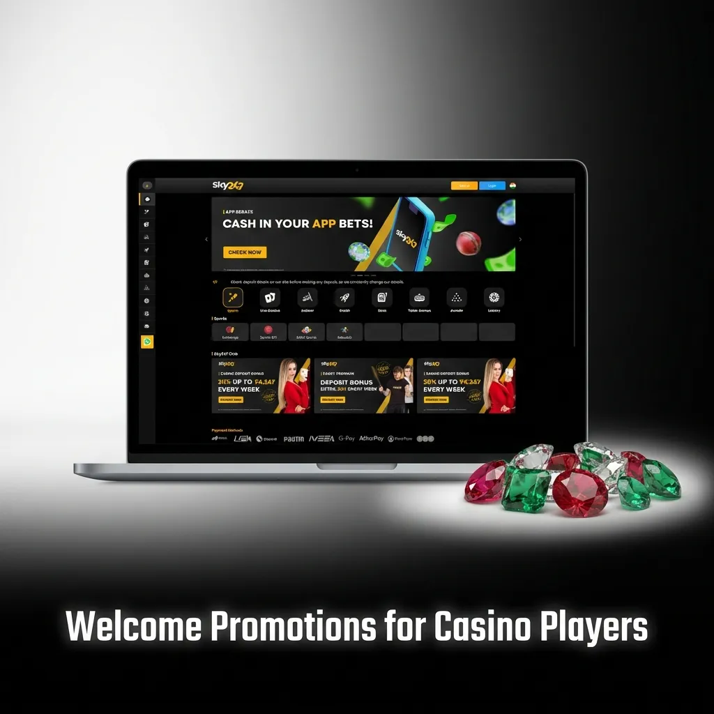 Casino welcome bonuses and promotions display showing deposit offers and rewards for new Sky247 players