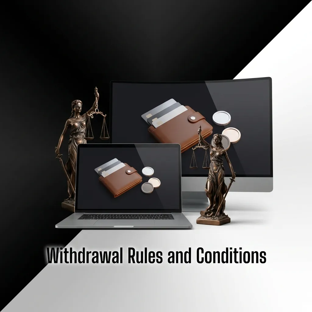 Withdrawal rules icon with checkmarks showing verification, wagering requirements, limits, and processing times.