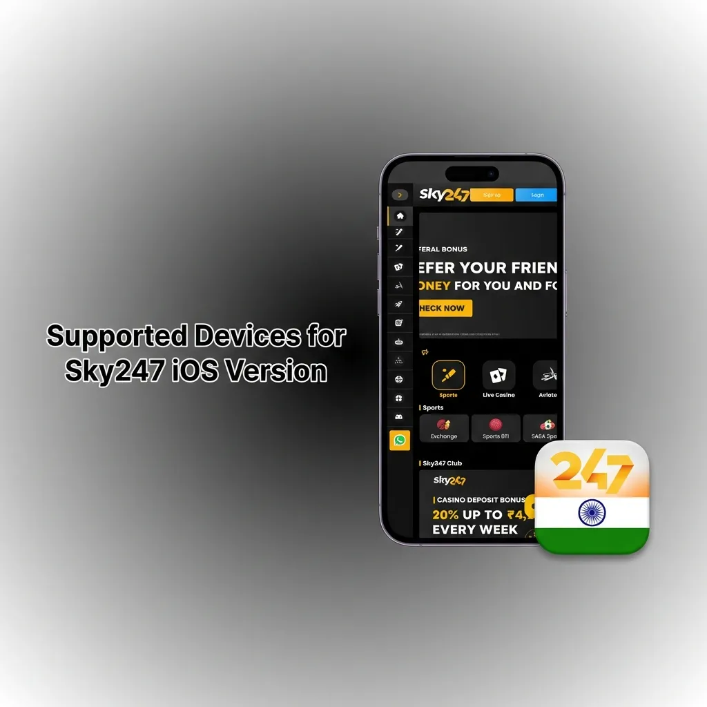 Sky247 iOS app compatibility chart showing supported iPhone models from iPhone 7 to iPhone 15 with iOS 12.0+