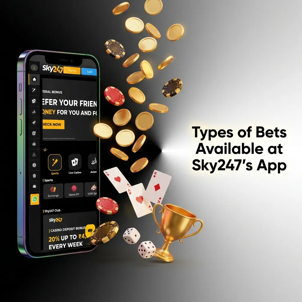 Sky247 betting app interface showing multiple bet types: single, accumulator, treble, line bet, and over/under options