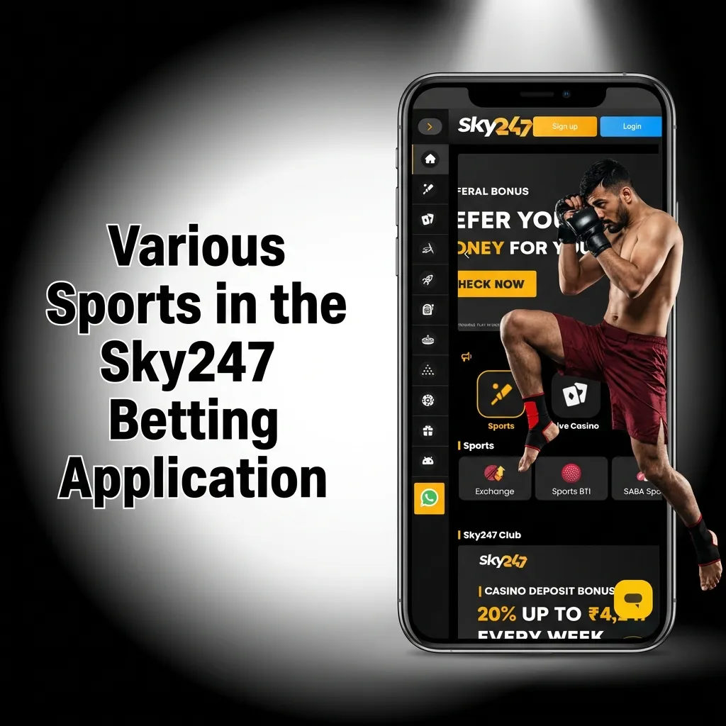 Sky247 betting app interface showing multiple sports options including cricket, football, tennis, and esports markets