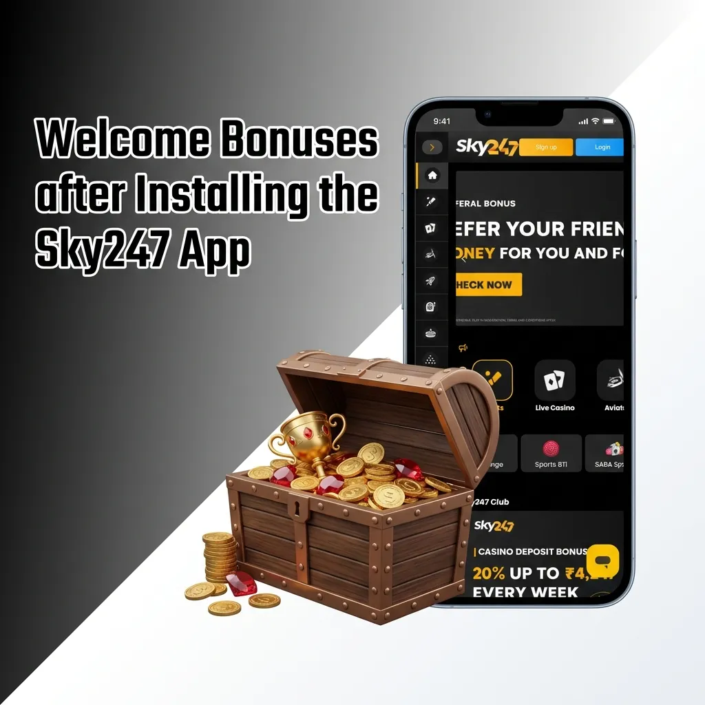 Sky247 app welcome bonuses including deposit offers, cashback rewards, and weekly promotions for new players
