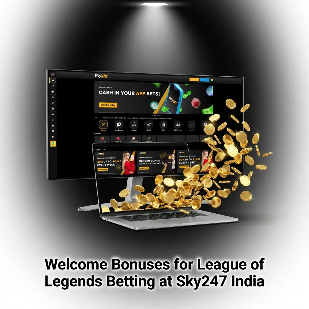 Sky247 India League of Legends betting welcome bonuses display with deposit offers and cashback promotions for new players